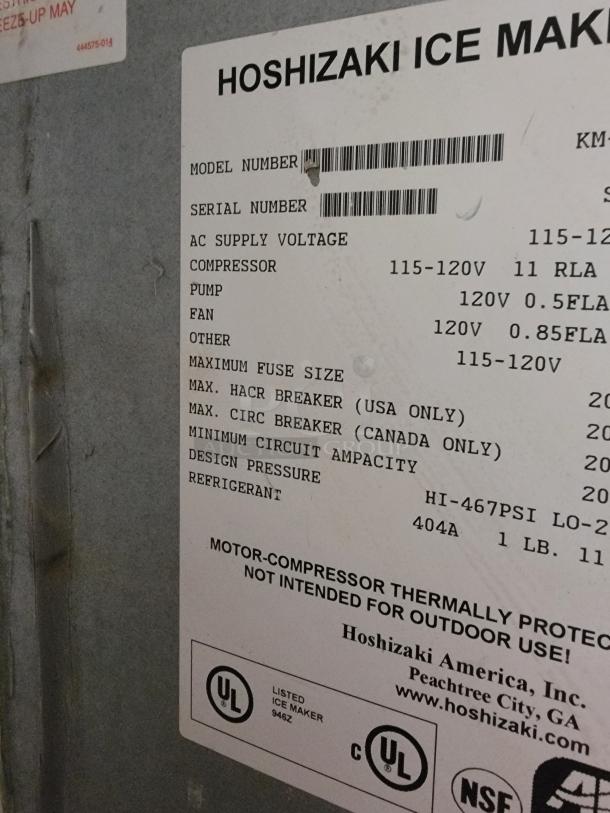 Hoshizaki KM501MAH commercial cube ice maker label, detailing model number, voltage, and refrigerant info for efficient operation.