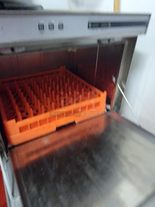 Fagor AD48 commercial undercounter dishwasher with orange rack, stainless steel interior, in good condition, compact design.