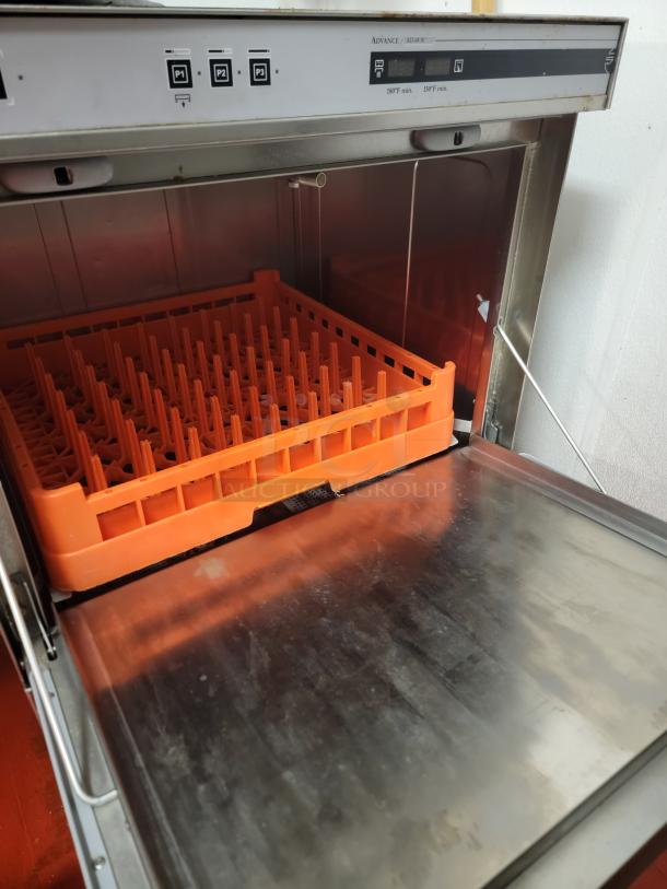 Fagor AD48 commercial undercounter dishwasher, stainless steel, orange rack, user-friendly controls, compact design.