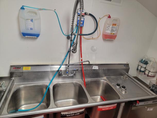 Eagle Group 6' 3-compartment stainless steel sink with pre-rinse faucet, NSF certified, ideal for commercial kitchens.