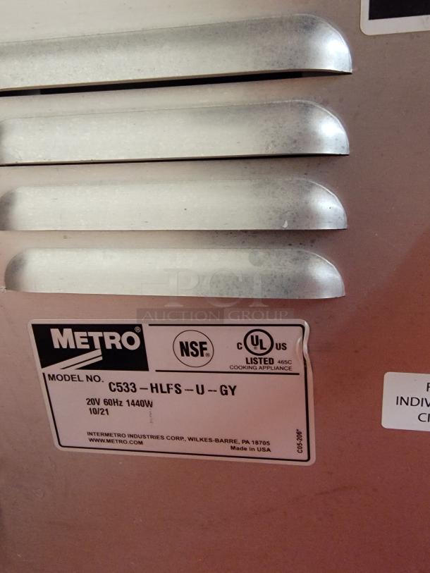 Metro C5 3 Series Heated Holding Cabinet, Model C533-HLFS-U-GY, NSF Certified, commercial use, holds food at serving temperature.