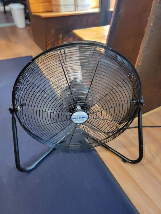 Lot of 8 assorted commercial/industrial fans; features "BILT HARD" branding. Ideal for diverse ventilation needs.