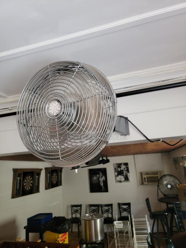 Lot of 8 assorted commercial/industrial fans in various sizes, ideal for warehouses and workshops. Ceiling-mounted fan shown.