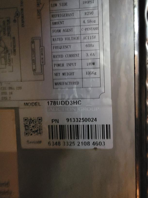Avantco 70" Commercial Kegerator model 178UDD3HC, stainless steel, tested and working. Refrigerant R290, power input 189W.