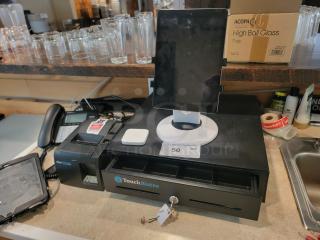 TouchBistro POS system with tablet and stand, cash drawer, card reader, and receipt printer. Ideal for restaurants. Good condition.