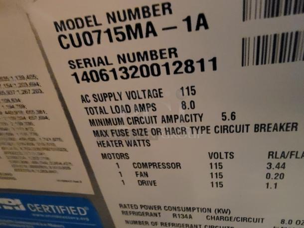 Scotsman CU0715MA-1A ice machine label showing electrical specs: 115V, 8.0 amps, model and serial numbers. Ideal for consistent ice production.