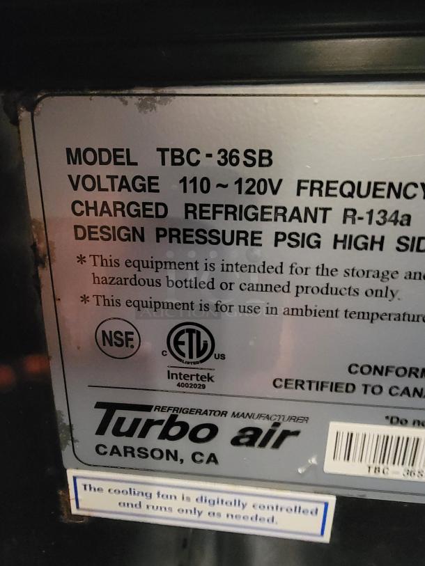Turbo Air TBC-36SB undercounter bottle cooler label, showing model, voltage 110-120V, refrigerant R-134a, and certification marks.