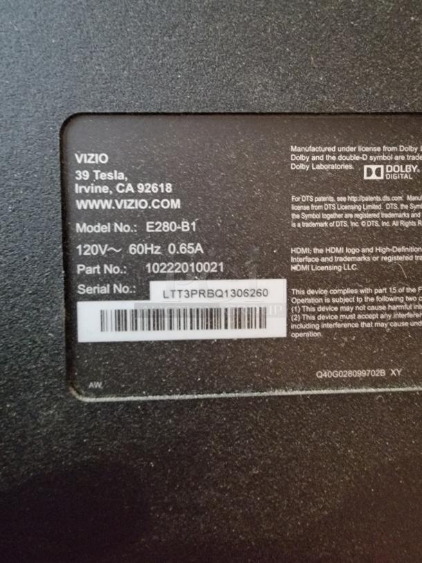 Vizio E280-B1 label showing model, voltage, and serial number. Ideal for wall-mount setup.