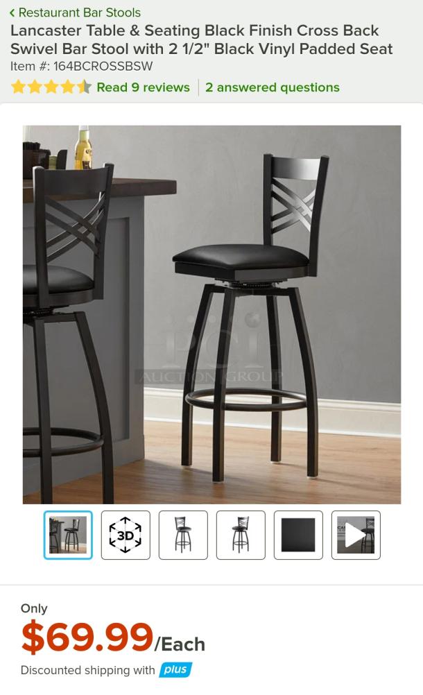Lancaster swivel bar stool with cross back design, steel gray gloss finish, black vinyl padded seat, contemporary style.