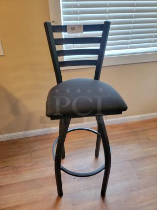Lancaster 36" black swivel bar chair with a plush padded seat. Features a ladder-back design. Tag reads "55 QTY PC3furniture.com".
