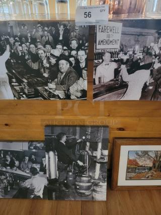 Unique wall art collection featuring black-and-white historical scenes and scenic landscapes. Includes framed art, numbered label 56.