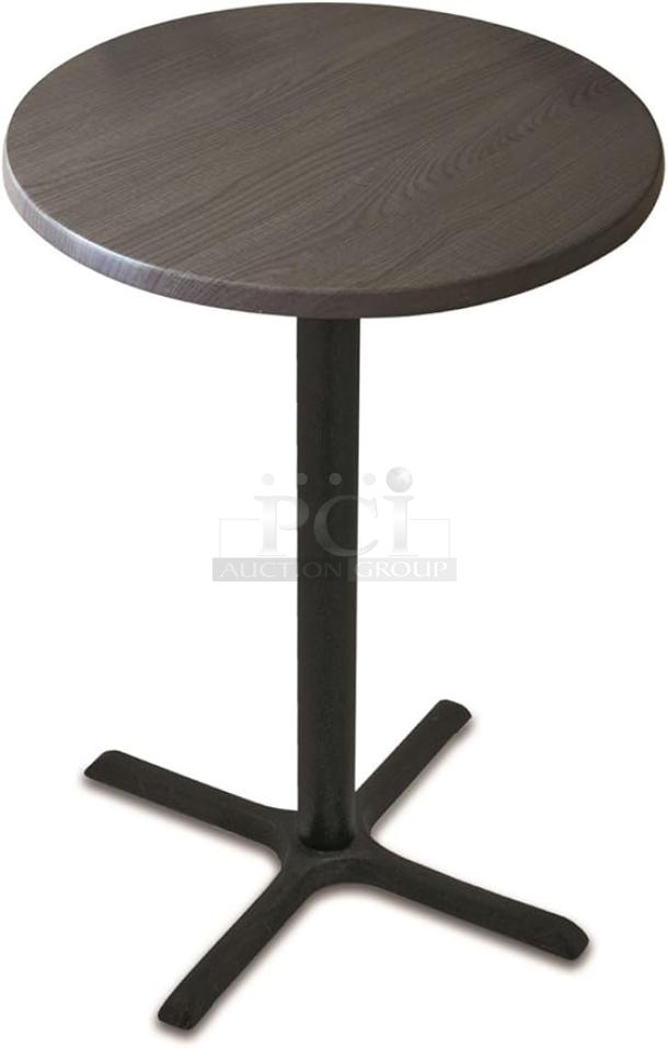 Set of 6 bar-height round tables, 30" diameter, 41" tall, black metal base, wood top. Ideal for commercial spaces.