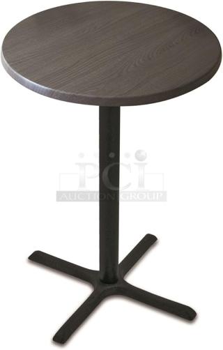 Set of 6 bar-height round tables, 30" diameter, 41" tall, black metal base, wood top. Ideal for commercial spaces.