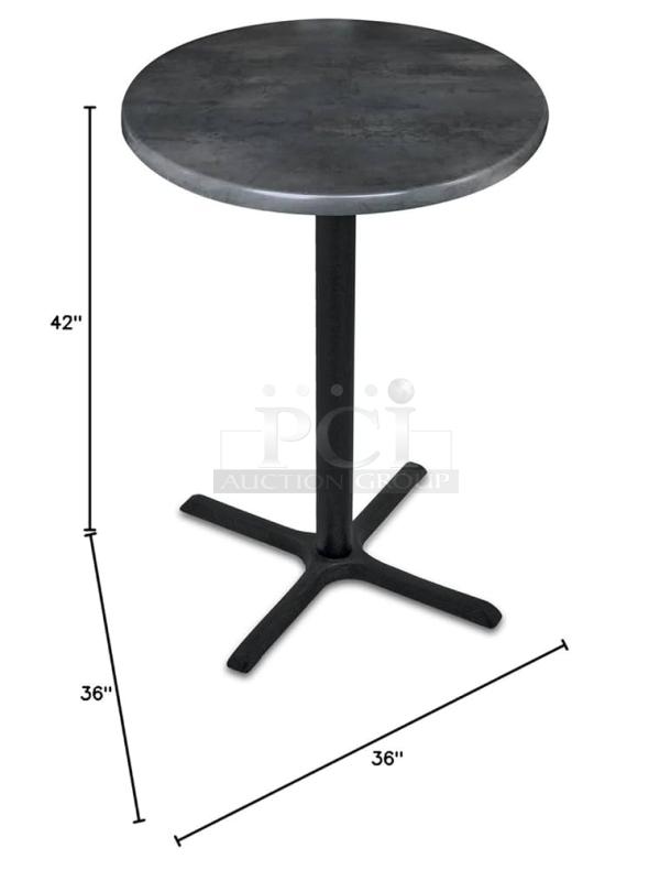 Set of 6 bar-height tables, 30" diameter, 41" tall, round tops, ideal for restaurants and event spaces. Sturdy metal base.