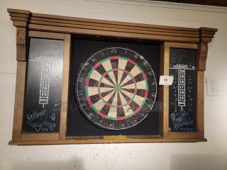 MD Sports DRB100 wall mount dart board cabinet set with battery-powered lighting. Includes chalk scoreboards. Light wear visible.