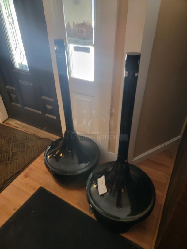 Smokers Oasis outdoor cigarette receptacles, powder coated steel, black finish, commercial use, tag displaying item number.