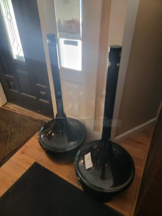 Smokers Oasis outdoor cigarette receptacles, powder coated steel, black finish, commercial use, tag displaying item number.