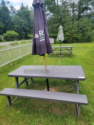 Three Lifetime 6' folding picnic tables with umbrellas and weighted bases, ideal for outdoor events.