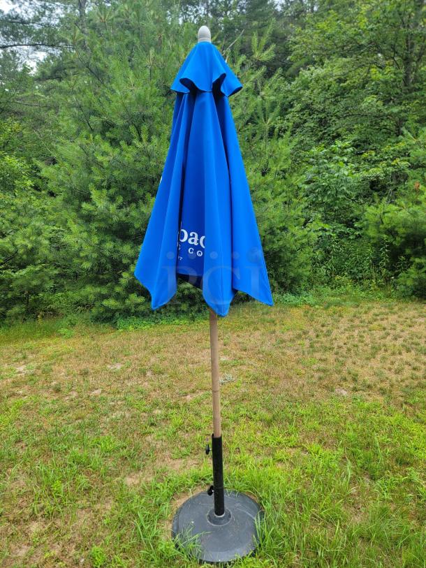Blue outdoor umbrella with white top, sitting on a round weighted black base, on a grassy area.
