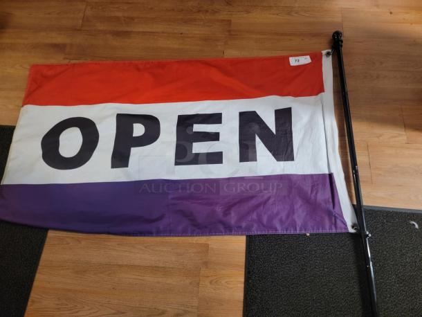 5'x3' "OPEN" flag with red, white, and purple stripes, includes a pole. In good condition, ideal for visibility.