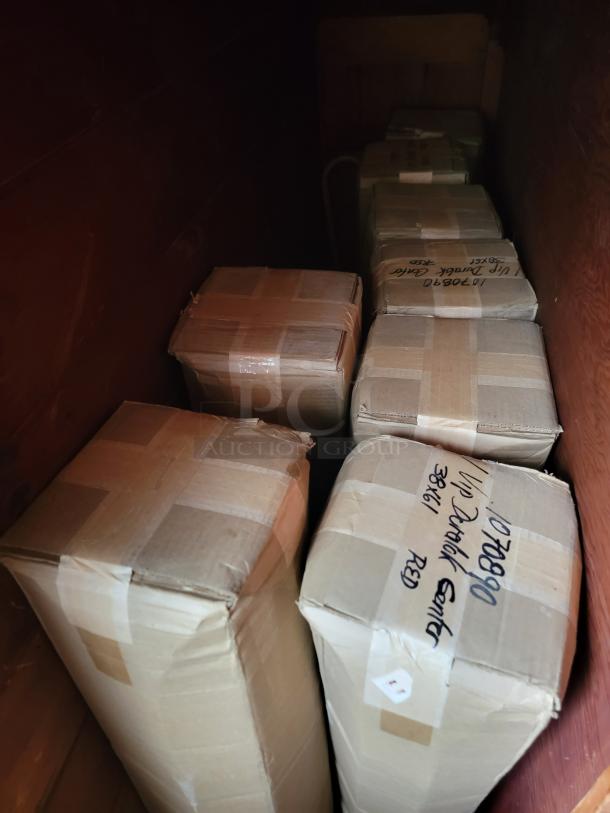 Boxes containing eight brand new Duraloc Cactus Floor Mats, 38"x61", vibrant red, in original packaging.