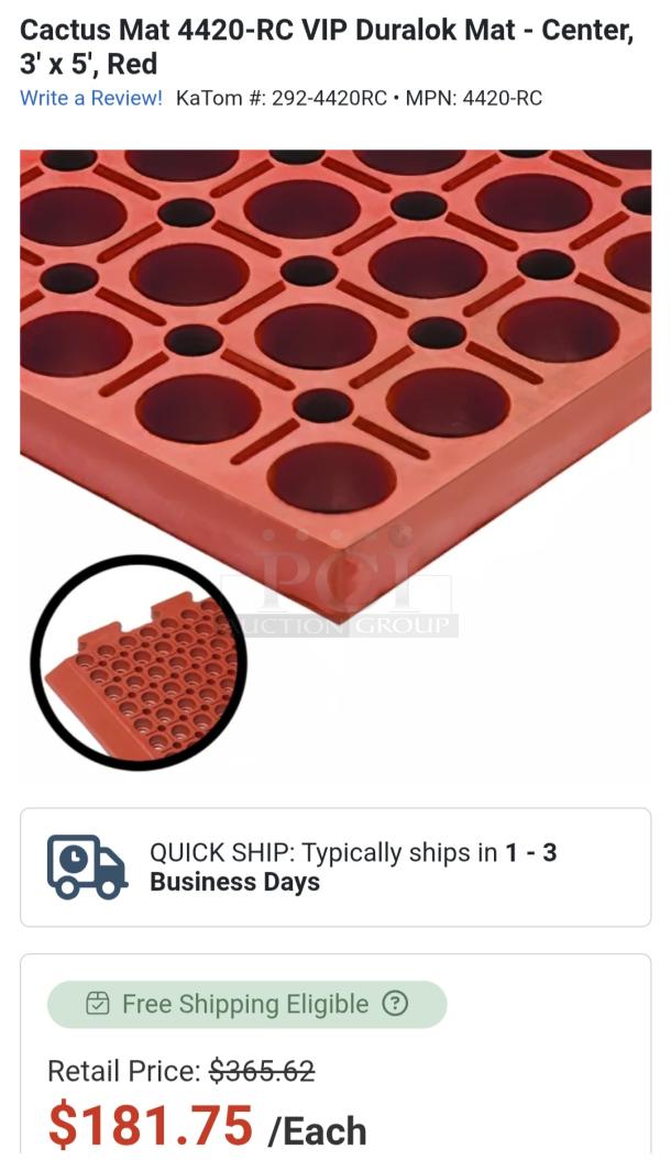 Brand new set of eight red Duraloc Cactus Floor Mats, 38"x61". Ideal for commercial or residential use, offering anti-fatigue comfort.