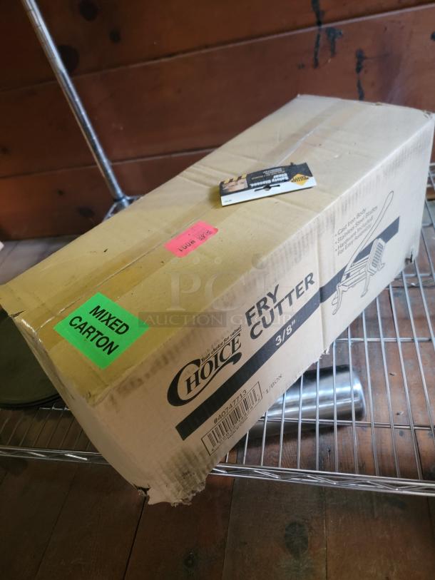 Box of Choice Fry Cutter in mixed carton, 3/8" cut size. Includes chafing dishes, paper rolls, and other kitchen essentials.