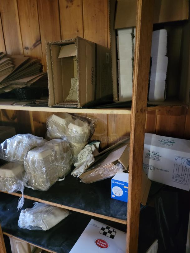 Commercial disposable and kitchen supply lot, featuring to-go containers, cups, and cookware. Includes Acopa and Westhouse boxes.