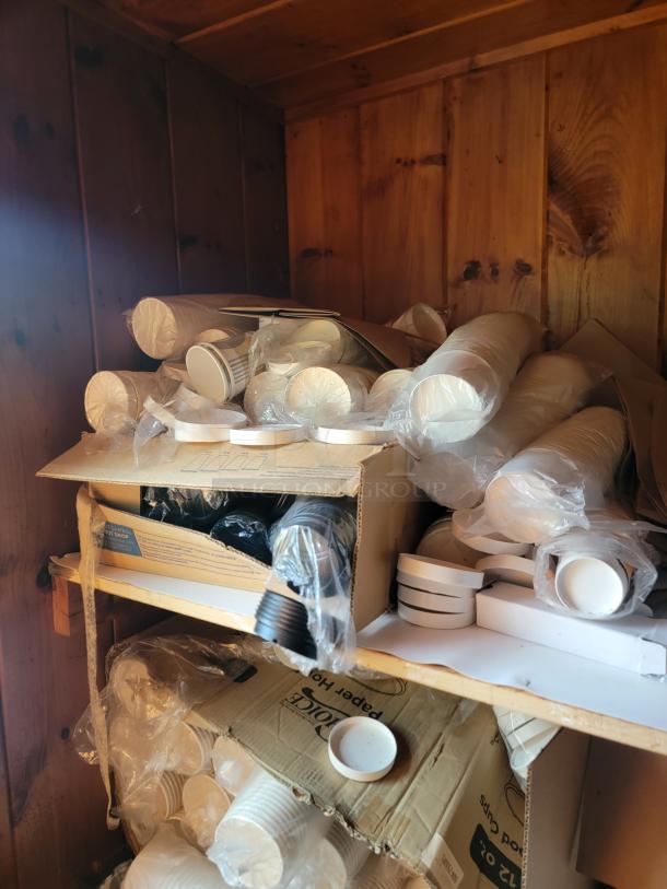 Massive lot of commercial disposable and kitchen supplies, including to-go containers, cups, and bulk cookware. Ideal for restaurants.