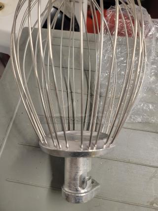 Brand new Hobart commercial mixer wire whip attachment, stainless steel, ideal for aerating and mixing, essential for kitchens.