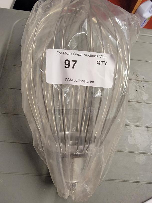 Brand new Hobart commercial mixer wire whip attachment in packaging, tag with auction number 97. Essential kitchen tool.