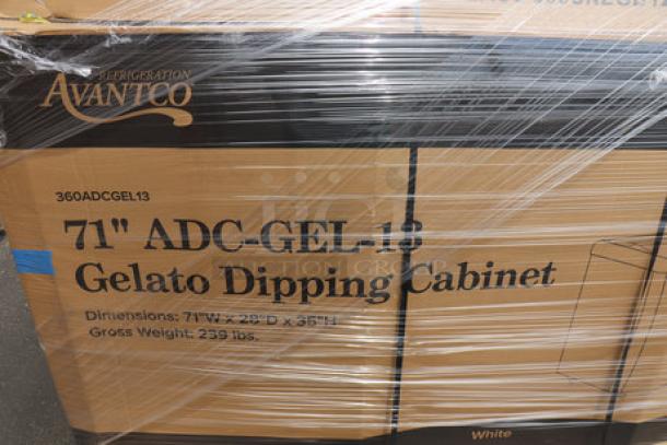 Avantco ADC-GEL-13C 71" gelato dipping cabinet, brand new, with curved sneeze guard, 13 pans, model 360ADCGEL13.