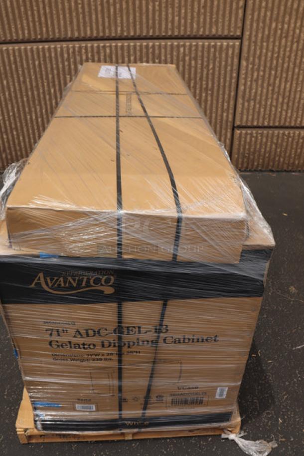Brand new Avantco 360ADCGEL13 gelato dipping cabinet in packaging, 71", holds 13 pans, scratch & dent condition.