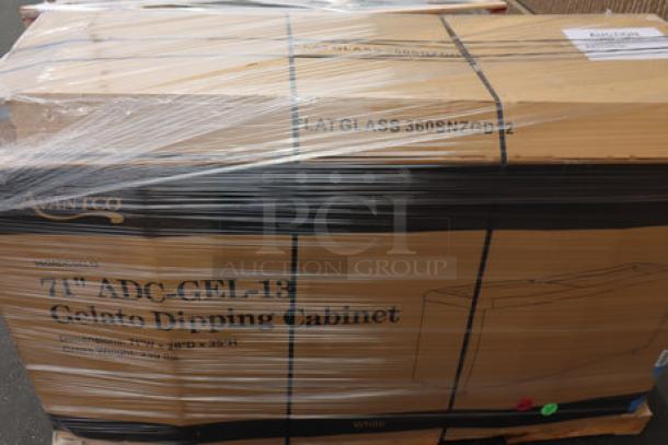 Brand new Avantco ADC-GEL-13C 71" gelato dipping cabinet, scratch & dent, with curved sneeze guard and 13 pans in packaging.