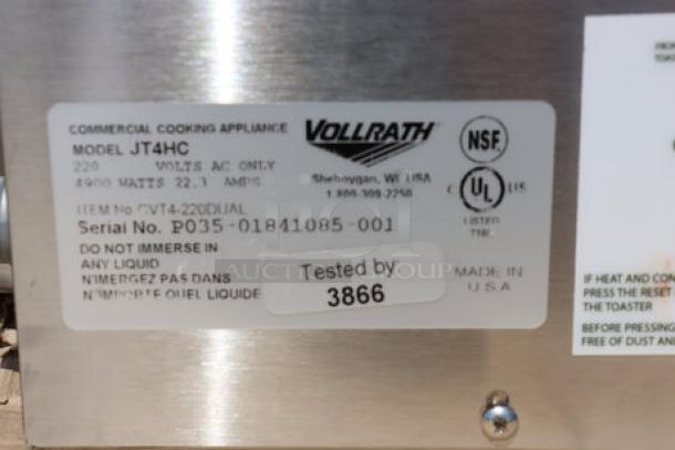 BRAND NEW Vollrath JT4HC Dual Conveyor Toaster, scratch & dent condition, 220V, 22.1 amps, labeled "Tested by 3866", NSF, UL certified.