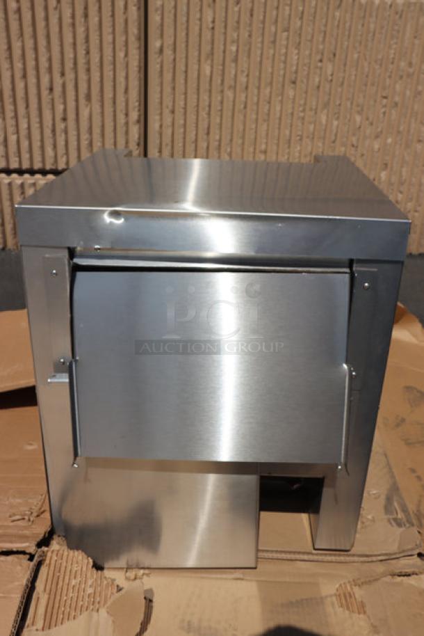 Brand new Vollrath JT4HC dual conveyor toaster with minor dents. Stainless steel, commercial-grade.