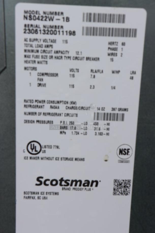Label on Scotsman Prodigy Plus Series NS0422W-1 ice machine indicates brand, model, and technical specifications.