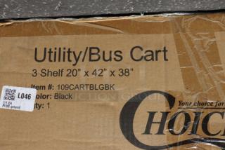 CHOICE utility bussing cart with three shelves, model 109CARTBLGBK, black, dimensions 20" x 42" x 38", brand new.