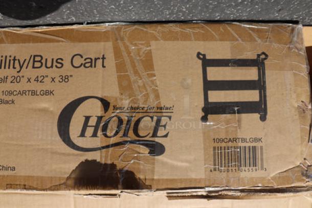Brand new CHOICE black utility bussing cart, model 109CARTBLGBK, with three shelves. Box shows slight damage.
