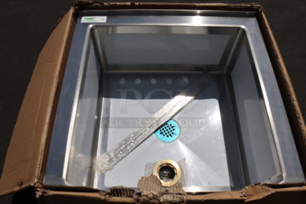 Brand new Regency 16-gauge stainless steel mop sink, notched front, in box. Scratch & dent model.