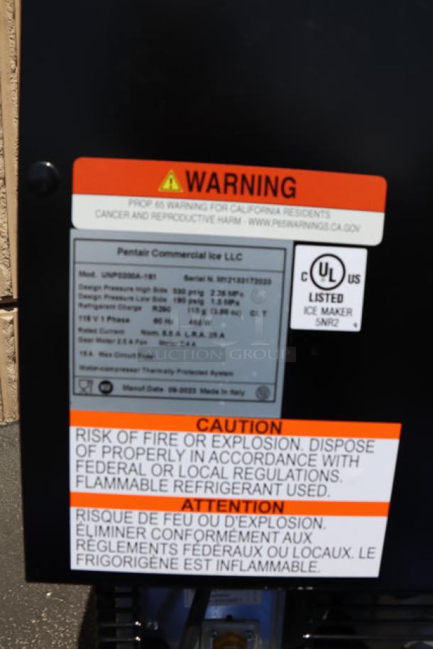 Manitowoc Undercounter Air Cooled Nugget Ice Machine, UL listed, includes safety warning labels, potential fire risk caution.