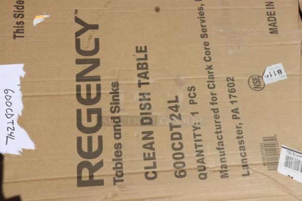 Regency Clean Dish Table box showing item as 16 gauge, left drainboard, model 600CDT24L, made in Lancaster, PA.