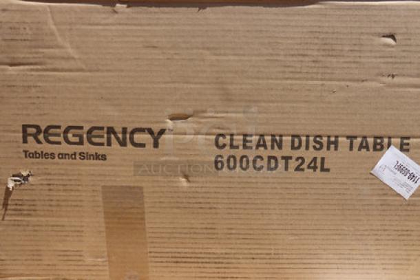 Regency 16 Gauge 2' Clean Dish Table with Left Drainboard in box, marked "600CDT24L". Brand new, scratch & dent condition.