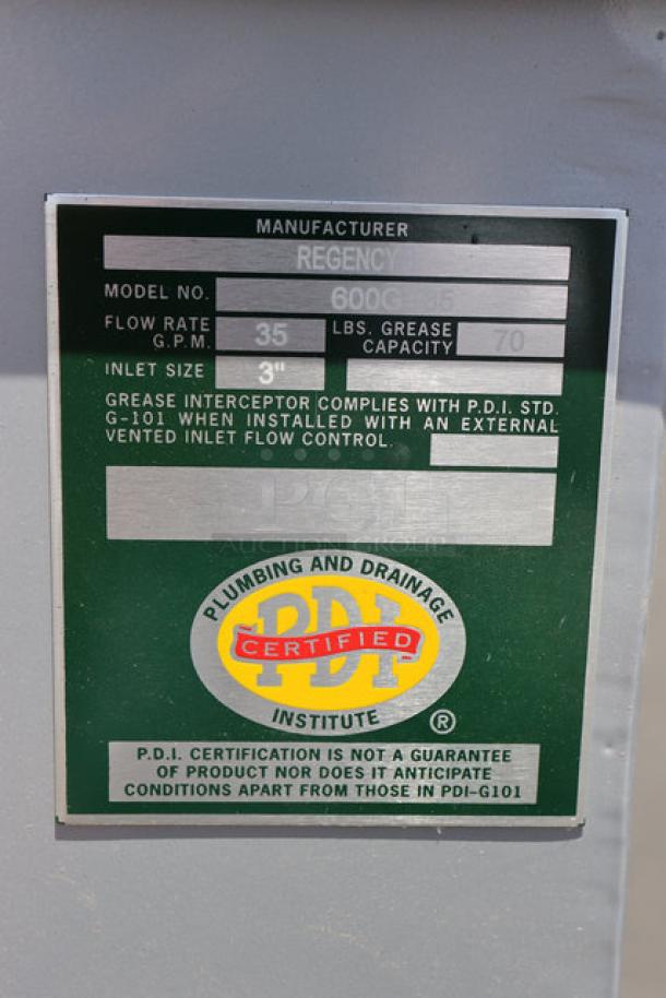 BRAND NEW Regency 35 GPM grease trap, model 600GT35, scratch & dent, 3" non-threaded connections, PDI certified.