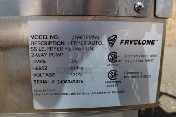 Fryclone 2590FM55 fryer oil filter machine, 55 lb. capacity, 2-way pump, 120V, scratch & dent condition, visible label.