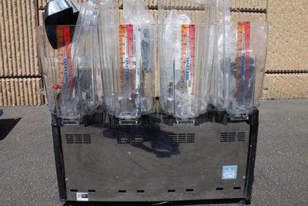 Carnival King RBD5G4 Quadruple 5 Gallon Refrigerated Beverage Dispenser, brand new, scratch & dent, 120V, visible capacity markings.