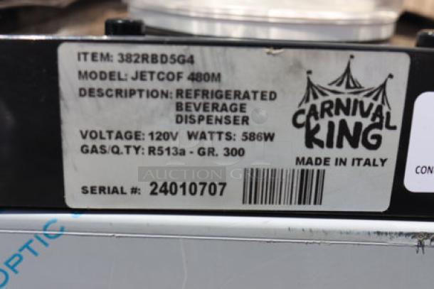 BRAND NEW Carnival King 382RBD5G4 Quadruple 5-Gallon Refrigerated Beverage Dispenser, 120V, scratch and dent condition.