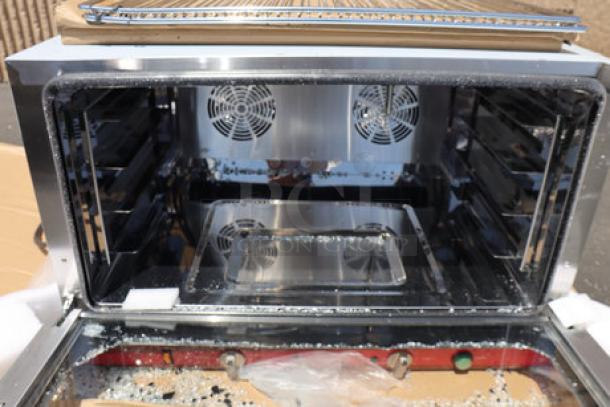 Brand new Avantco CO-46M full-size countertop convection oven with moisture injection, visible stainless interior, multiple racks.