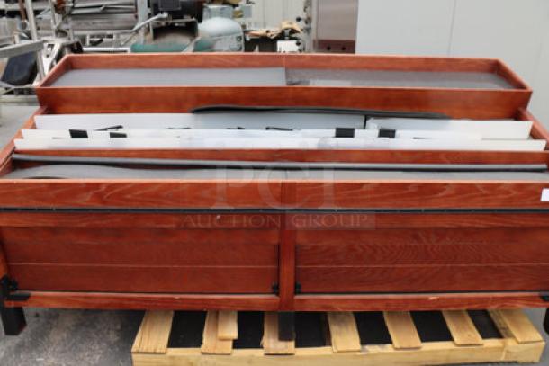Brand new Marco Company produce display bin, model 568OBP28985SC, 100"x40"x47", select cherry finish, visible scratch-n-dent.