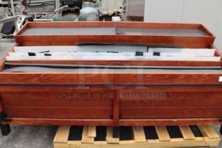 Brand new Marco Company produce display bin, model 568OBP28985SC, 100"x40"x47", select cherry finish, visible scratch-n-dent.